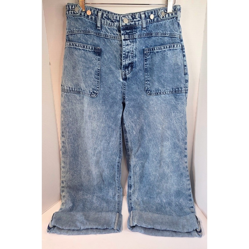 Altar'd State High Waist Wide Leg Acid Wash Denim Jeans Blue Cuffed SZ 29